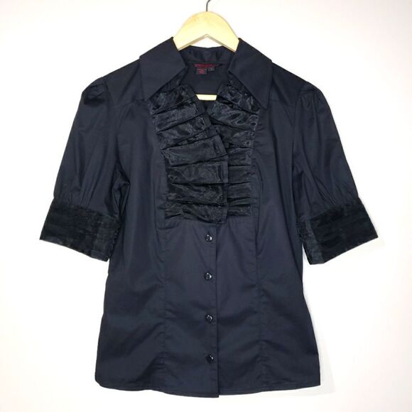 Simon Chang Size 6 Black Short Sleeve Ruffle Front Top Shirt Blouse - Picture 1 of 9